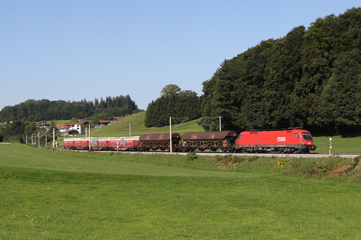 1116 022 war mit einem gemischten G�terzug am 22. August 2023 bei Axdof auf dem Weg nach Freilassing.