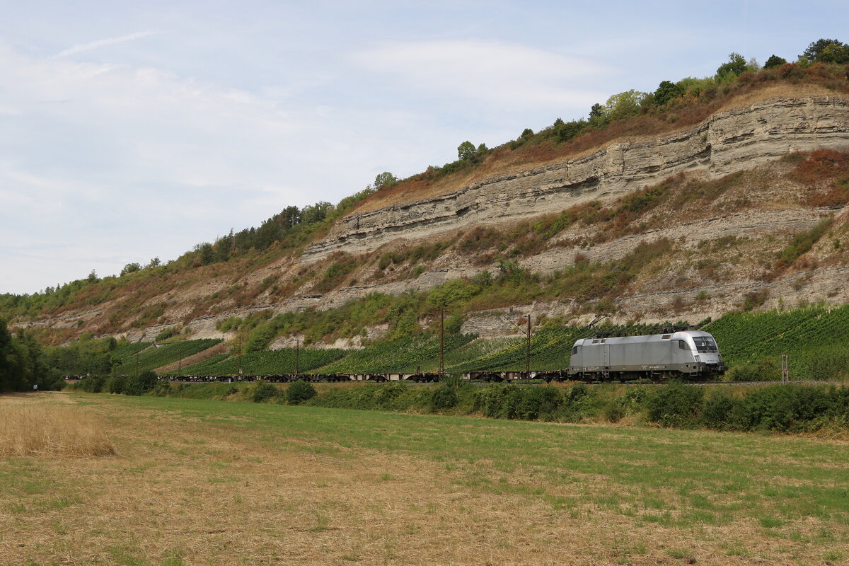182 101 mit leeren Tragwagen am 5. August 2022 bei Th�ngersheim im Maintal.