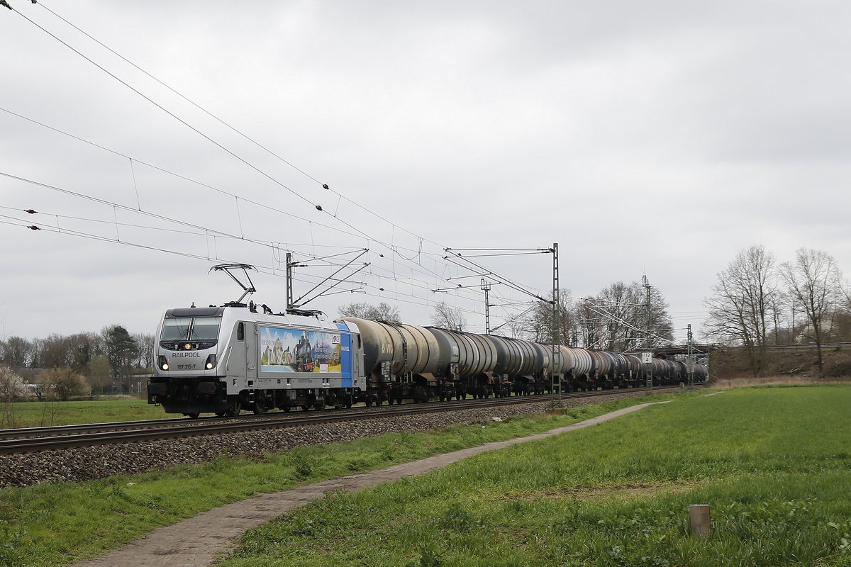 187 315  Jim Knopf  von Railpool war mit einem Kesselwagenzug am 28. M�rz 2019 bei Bremen-Mahndorf in Richtung Bremen unterwegs.